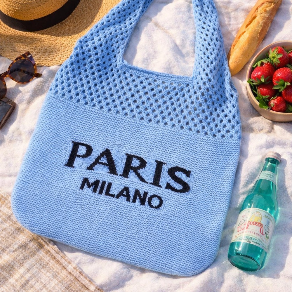 New Crochet Blue Knit Tote Bag - Paris Milano Beach Purse